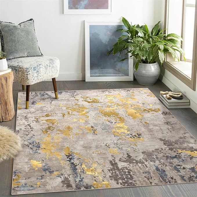 vivorug 9x12 Area Rugs for Living Room, Non Slip Machine Washable Modern Abstract Rug, Ultra-Thin Lightweight Large Area Rug Carpet for Bedroom, Dining Room, Low Pile Grey/Mustard