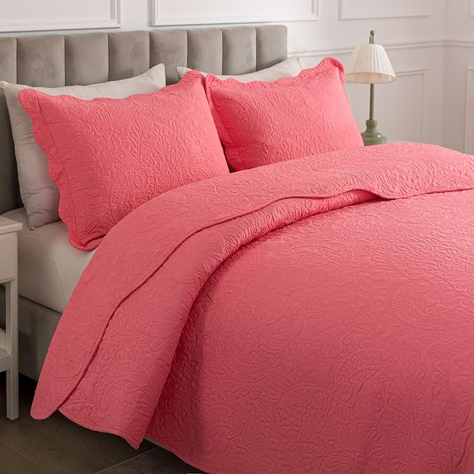 HoneiLife Quilt Sets King Size - Microfiber Bedspreads for King Bed, 3-Piece Lightweight Coverlets, Retro Bedlinen Sets, King Quilt Bedding Set All Season Use-Sugar Coral