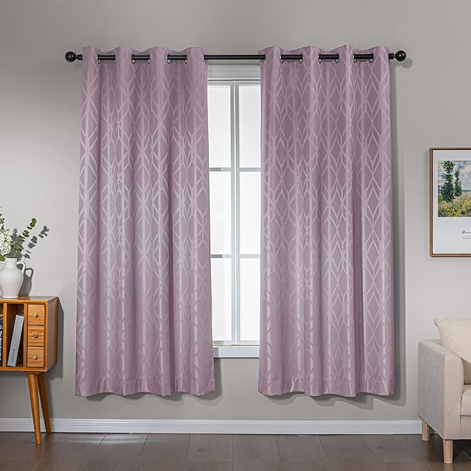 Amazon Basics Jacquard 2-Piece 100% Blackout Curtains, Living Room and Bedroom Drapes, Thermal Insulated Window Treatment, 52"x72", Pink