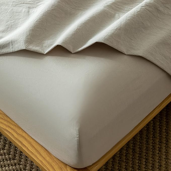 MooMee Fitted Bottom Sheet Only 100% Washed Cotton Linen Like Textured Breathable Durable Soft Comfy Deep Pocket Fits Mattress up to 17" (Cream Grey, King) New