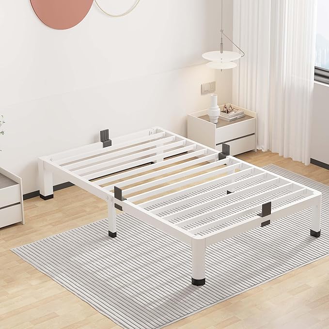 ROIL 10 Inch White Twin Bed Frame with Rounded Corner and Mattress Retainers, 3500LBS Heavy Duty Steel Slats No Box Spring Needed Platform Noise-Free Easy Assembly