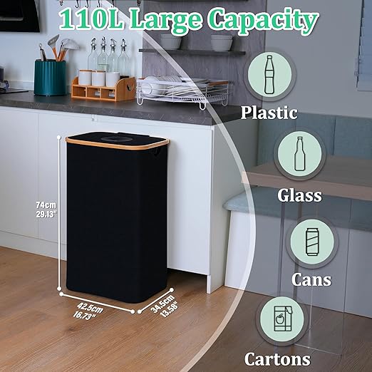 iEGrow 29 Gallons Recycling Bins for Kitchen, Indoor Recycle Bins with Lid, 110L Large Recycle bin with 2 Removeable Reusable Inner Bags, for Bottles Cans Glass Plastice Cartons(Black)