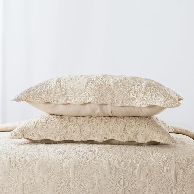HoneiLife Quilt Set King Size - 3 Piece Embroidered Microfiber Bedspread Reversible Coverlet Lightweight Bedcover Paisley Pattern Bedding Set All Season Quilts-Khaki