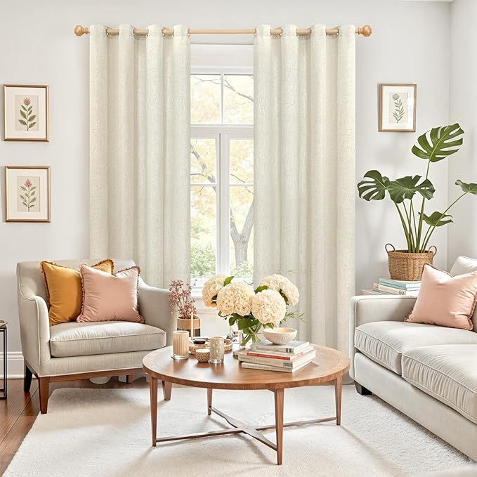 YoungsTex Beige Linen Curtains 80 Inches Length for Living Room, Natural Semi Sheer Drapes with Grommet Light Filtering Window Treaments for Bedroom Dining, 2 Panels, 52 X 80 Inch