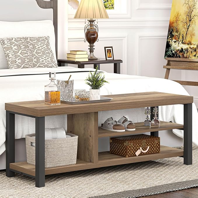 FOLUBAN Shoe Bench for Entryway, Wood and Metal Indoor Bench with Shoe Storage and Seating for Bedroom, Hallway, Living Room, Rustic Oak, 43.3 Inch