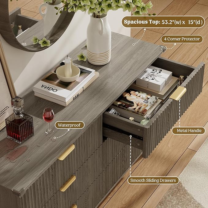 Lulive Wood Dresser for Bedroom with 6 Drawers, 53.2" Long Fluted Modern Chest of Drawers Storage Organizer, Dressers TV Stand for Living Room, Closet, Hallway (Dark Grey Oak)