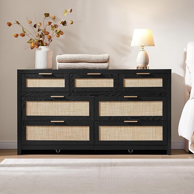 SICOTAS 7 Drawer Dresser for Bedroom, 57" Wide Rattan Dressers, Large Chest of Drawers for Bedroom, Dresser TV Stand, Boho Closet Organizer (Black Oak, 7 Drawers (1 pc))
