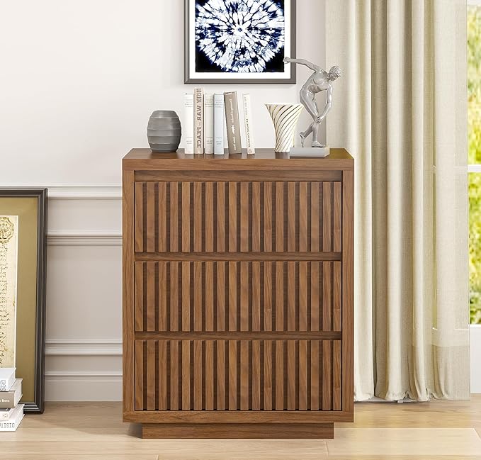 Fluted 3 Drawer Dresser, Mid Century Small Dresser for Bedroom, Wood Chest of Drawers, Modern Closet Clothes Organizer, Walnut Wooden Storage for Living Room, Brown
