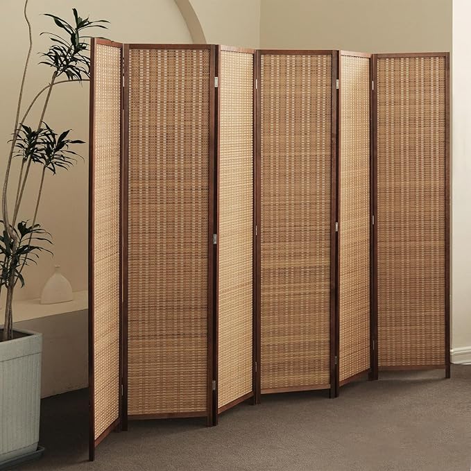 Furnnylane 6 Panel Bamboo Room Divider and Folding Panel Screen,Bamboo Panel Divider for Room Separation,Brown,67" H x 92.1" W