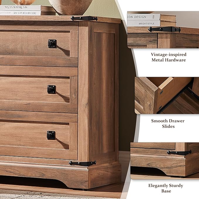 T4TREAM 32" Farmhouse Nightstand with Charging Station, Large End Table with 3 Storage Drawers, Rustic Wood Bedside Table for Bedroom, Living Room, Rustic Oak
