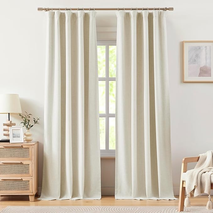Vision Home Natural Linen Full Blackout Curtains for Bedroom Living Room Darkening Soundproof Window Curtains 102 inch Thermal Insulated Rod Pocket Back Tab Linen Drapes 2 Panels 56" Wx102 L