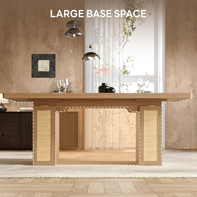 LIKIMIO 78.7" Farmhouse Dining Table for 6-8 People, Extra Thick Wood Top with 2 Hidden Adjustable Storage Drawers, Modern Woven Rattan Table for Dining Room, Kitchen, Living Room, Rustic White