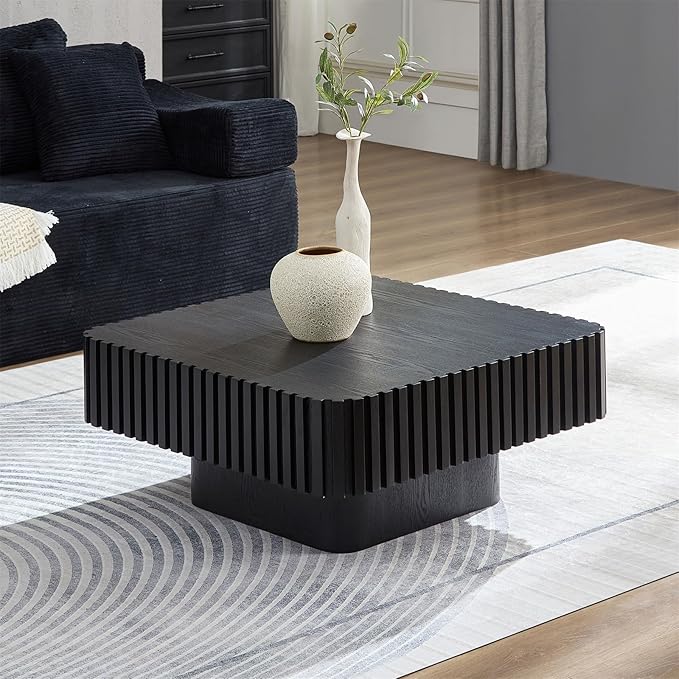 LKTART Square Coffee Table for Living Room, Accent Fluted Coffee Table with Storage, Modern Solid Wood Veneered Large Center Tea Table for Small Space Apartment (35.4''D×16''H-Black)