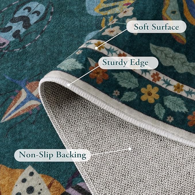 Lahome Insect Print Washable Rugs for Living Room, Soft Area Rug 6x9 Rug for Bedroom Ultra-Thin Non Slip Dining Room Rug, Stain Resistant Modern Rug Large Carpet for Office Nursery(6'x9',Dark Green)