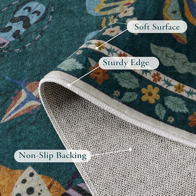 Lahome Insect 9x12 Area Rugs for Living Room Bedroom, Soft Washable Rugs 9x12 Stain Resistant, Ultra-Thin Non-Slip Non-Shedding Accent Carpet for Dining Room Office, Dark Green