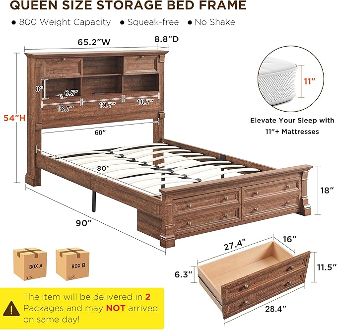 Farmhouse Queen Size Bed Frame with 54" Tall Storage Bookcase Headboard, Wood Platform Bed Frame with 18" Tall Roman Column Decoration Footboard & 2 Drawers, No Box Spring Needed(Reclaimed Barnwood)