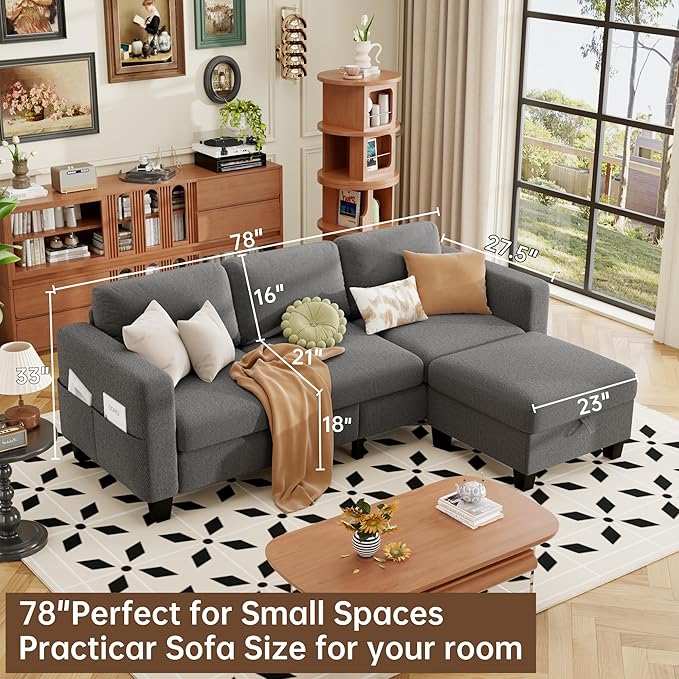 ZeeFu Sectional and Sofa Couches for Living Room - 78'' 3 Seater L-Shaped Modular Couch with Storage Ottoman - Modern Velevt Fabric Upholstered Sofa Set for Small Space Apartment Office