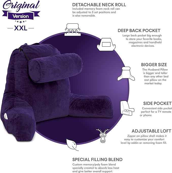 Husband Pillow XXL – Reading Pillow Bed Chair with Arms & Back Support – Purple - Back Pillow for Beds Sitting Up – Bed Rest Arm Pillow – Comfy Reading Pillow for Adults