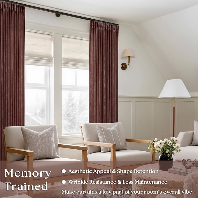 Maroon Pinch Pleated Linen Curtains 108 Inches Long for Living Room 2 Panels Set Flax Double Pleated Drapes Back Tab Farmhouse Ceiling Floor 108 Inch Window Curtains Bedroom Chestnut Reddish Brown