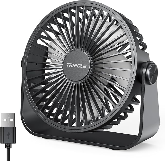 TriPole USB Desk Fan Portable Mini Fan Powerful 3 Speeds Wind Personal Desktop Fan with 360° Head Rotation for Home Office Car Indoor Outdoor Black, No Battery, 4.5 Inches