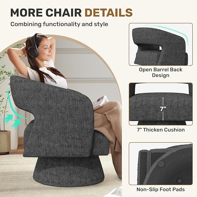Swivel Accent Chair, Modern Comfy Chenille Barrel Chairs, Oversized Upholstered Round Arm Chair for Living Room, Bedroom, Reading Room, Black, 1 PCS