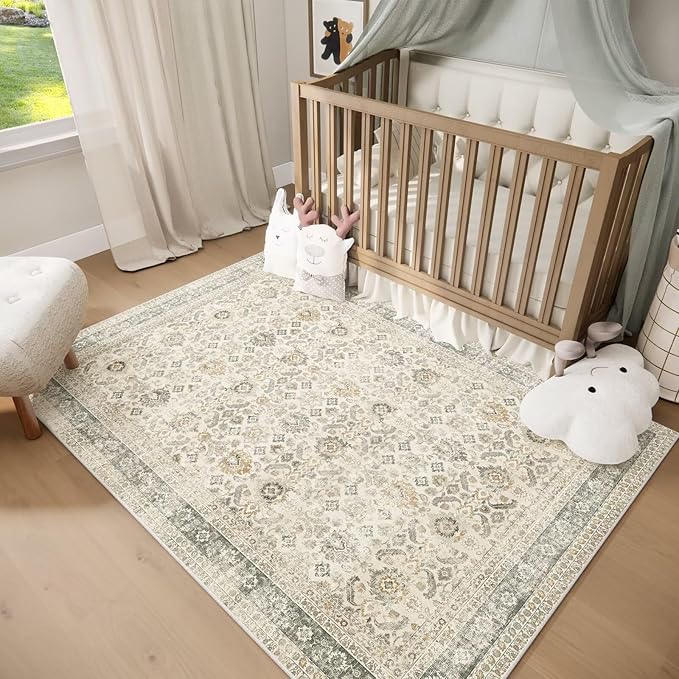 Washable 4x6 Rugs for Living Room, Boho Non-Slip Vintage Distress Small Rugs for Bedroom Nursery Office, 0.3" Neutral Oriental Throw Thin Carpet with Cushioning Pad, Grey/Beige/Orange/Multi