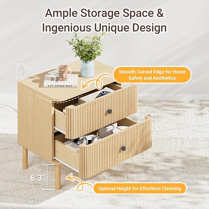 Night Stand with Charging Station, 24" Large Fluted Nightstand with Rounded Corners & Solid Wood Legs, 2 Drawers End Table, Mid Century Modern Bedside Table for Bedroom, Natural Oak
