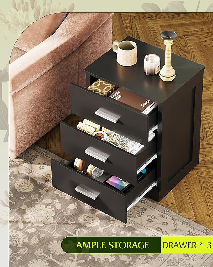 WLIVE Black Night Stand with 3 Drawers, Small Wooden Nightstand, Bed Side Table for Bedroom, Living Room, Dorm, Modern Minimalist Bedside Table, 12.9" D x 16" W x 21.6" H