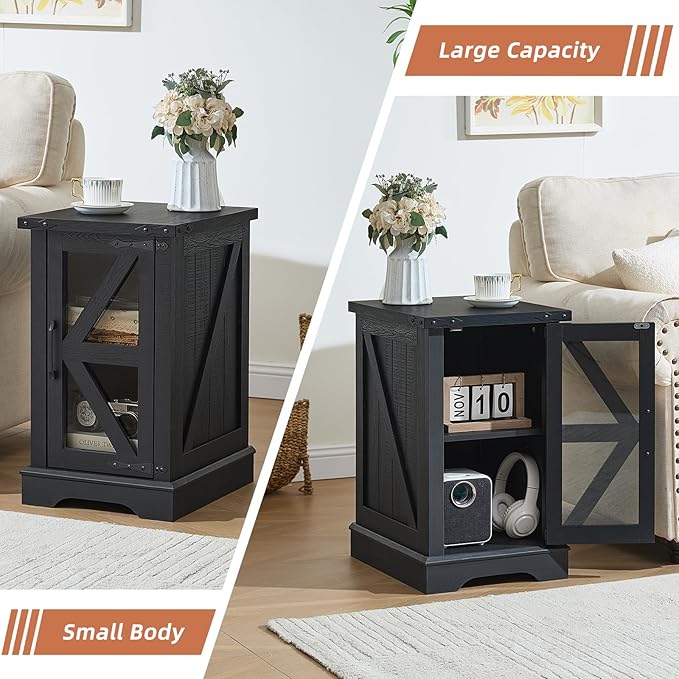 Farmhouse End Table Set 3, Narrow 18'' Night Stand with Glass Barn Door, 24" Square Side Table with Charger Station, Living Room Furniture Sets, Wood Nightstand Bedside Tables for Bedroom