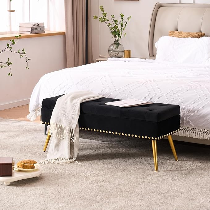 Velvet Storage Bench with Gold Legs& Nailhead Trim, 40" Wide Upholstered Modern Bedroom Bench for End of Bed, Tufted Ottoman for Entryway Living Room Dining Room (Black, 40" Wide)