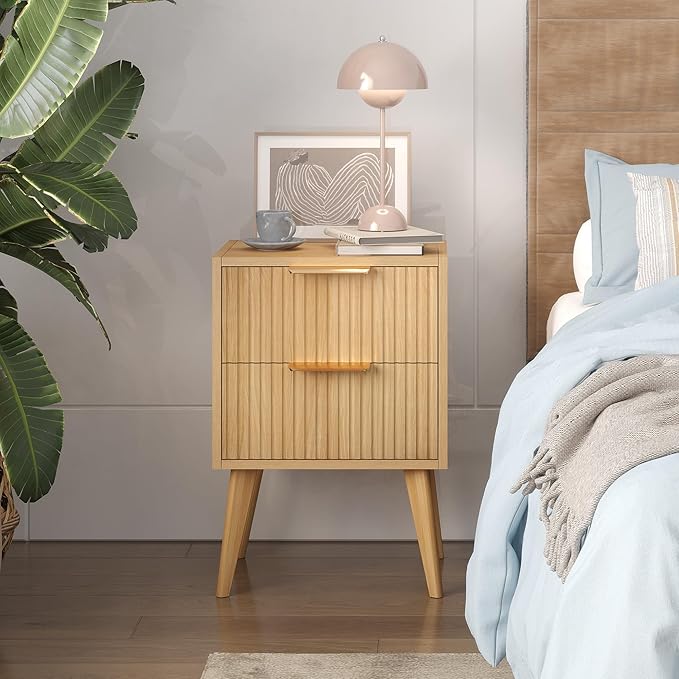 YAUKOMEL Fluted Nightstand,Small Bedside Table,Natural Wood Night Stand,Light Wood Side Table with Solid Wood Legs,End Table for Bedroom,Small Space 11.8" D x 16" W x 22.4" H Natural CTG55Y