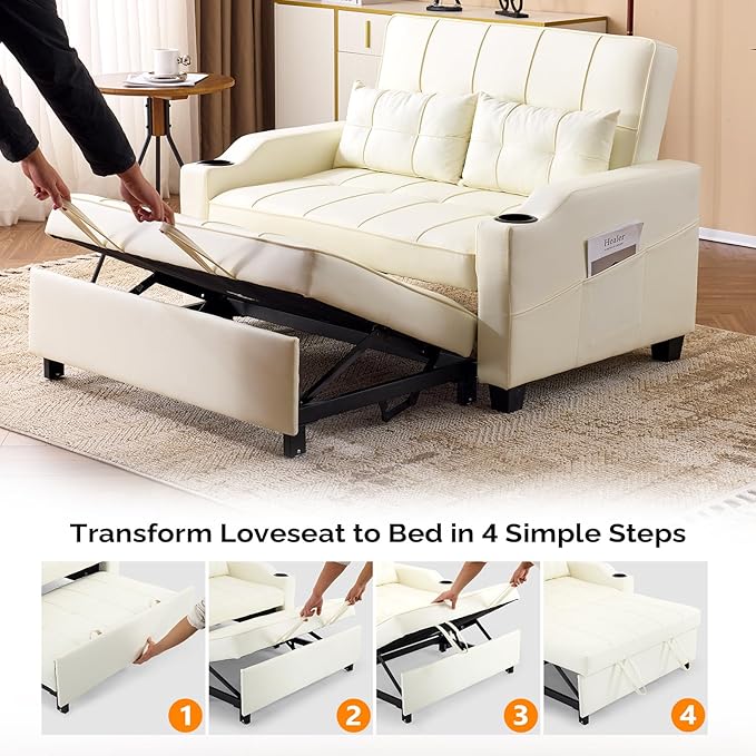 VINGLI Beige Futon Sofa Bed Convertible Loveseat Sleeper Couch, Faux Leather Pullout Sofa Fold Out Couch Bed with USB Ports, Cup Holders, Armrest for Living Room, Bedroom Apartment Room