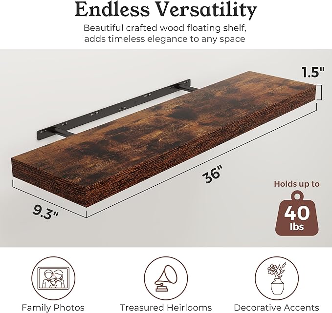 Floating Shelves for Wall, 9.3" Deep Wall Mounted Wood Shelves for Bathroom, Bedroom, Living Room, Kitchen, Hanging Shelf for Books/Storage/Room Decor (Brown, 36")