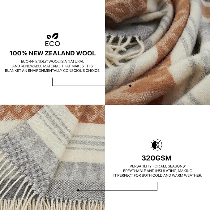 | Wool Blanket/Throw | 100% New Zealand Wool | Perfect for Home and Outdoors | Virgin Wool Throw with Fringes 67"x79" (170 x 200 cm)