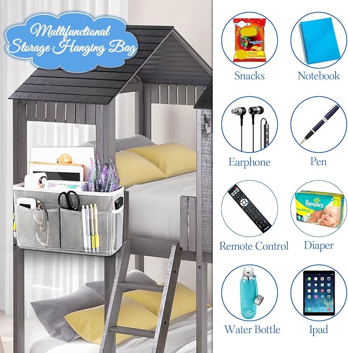Bedside Caddy Bedside Hanging Storage Basket Bed Caddy for Headboards Bunk Dorm Rooms Crib Beds Rails Organizer (Grey)