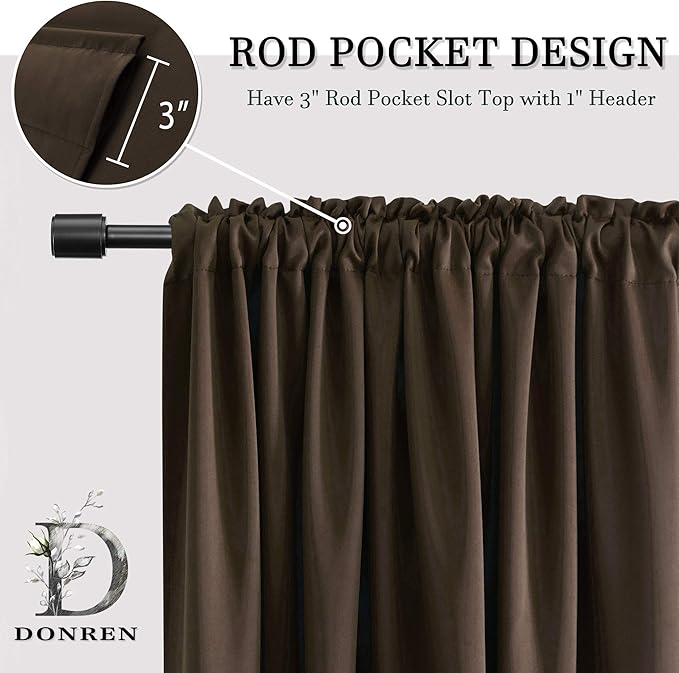 DONREN 48 Inch Length Short Curtains for Kitchen - Small Window Treatment Rod Pocket Blackout Curtain Drapes (1 Pair,Chocolate Brown,52 Inches Wide by 48 Inches Long)