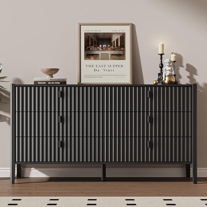 Black 6 Drawer Dresser for Bedroom, Modern Wood Dresser, Fluted Design Double Chest of Drawers with Wood Legs, TV Stand Storage Cabinet for Bedroom, Living Rooms, Offices, and Entryways