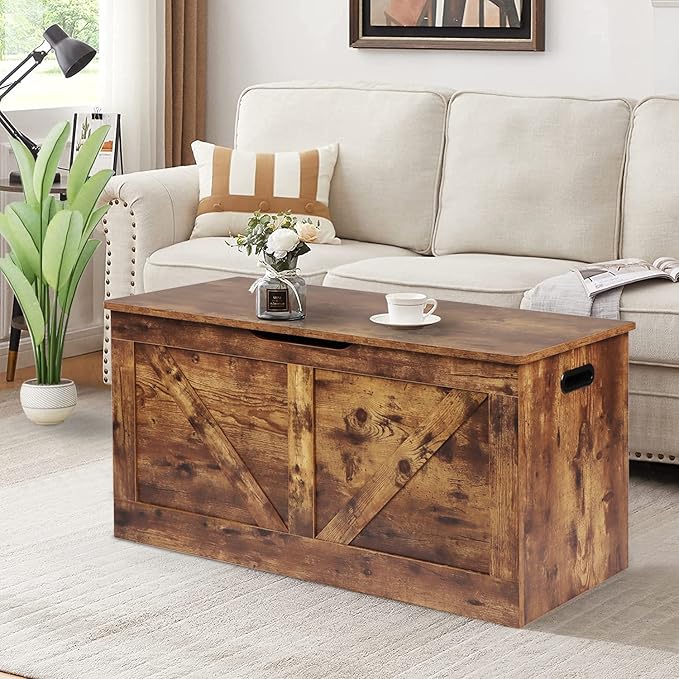 Timberer 39.4" Storage Chest, Wooden Storage Bench, Large Storage Trunk with 2 Safety Hinges, Entryway Shoes Bench for Living Room, Bedroom, Rustic Brown