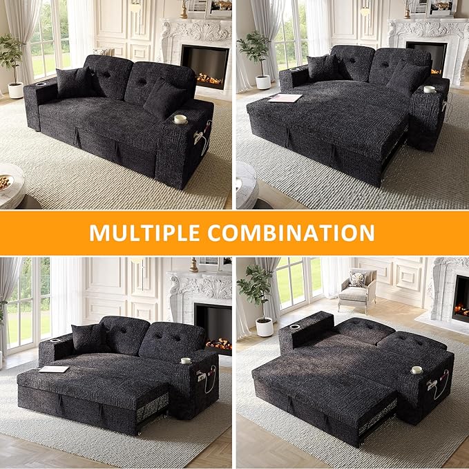 63 Inch Sleeper Sofa Bed, 4 in 1 Pull Out Couch Bed with Adjustable Backrest, Small Loveseat with Wide Armrest | USB Charging | Side Pockets | Cup Holders | Tool Free Assembly, Navy Blue