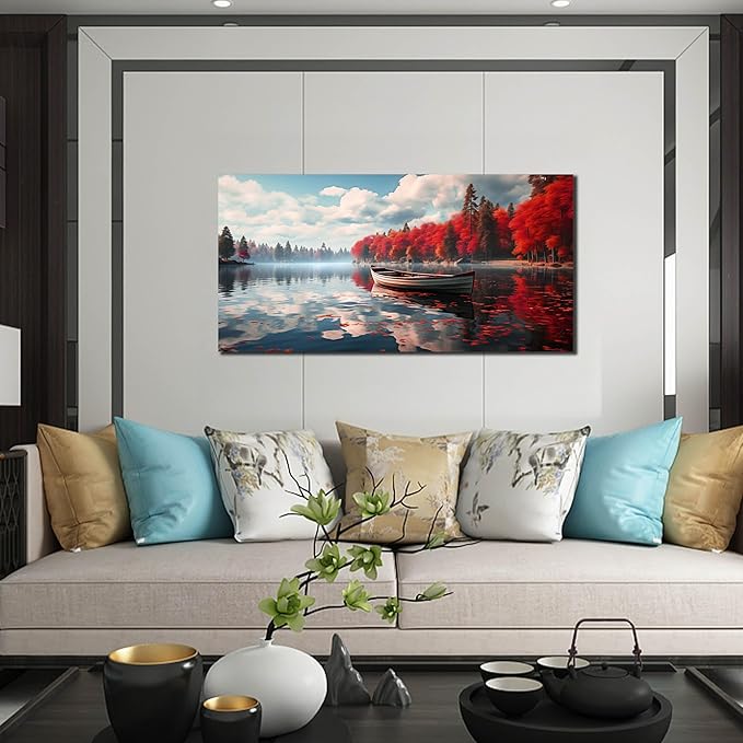 Large Wall Art for Living Room Bedroom Office Red Forest Wall Art Lake Landscape Pictures Modern Artwork Framed Canvas Prints 20x40 Inch