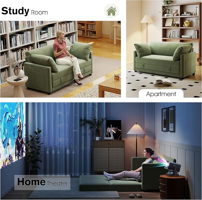 65" Loveseat Sleeper Sofa Bed, Corduroy Convertible Sofa Bed for Small Spaces, Folding Couch Bed with Deep Seat, 2 Pillows & Solid Frame, Pull Out Floor Couches for Living Room, Green