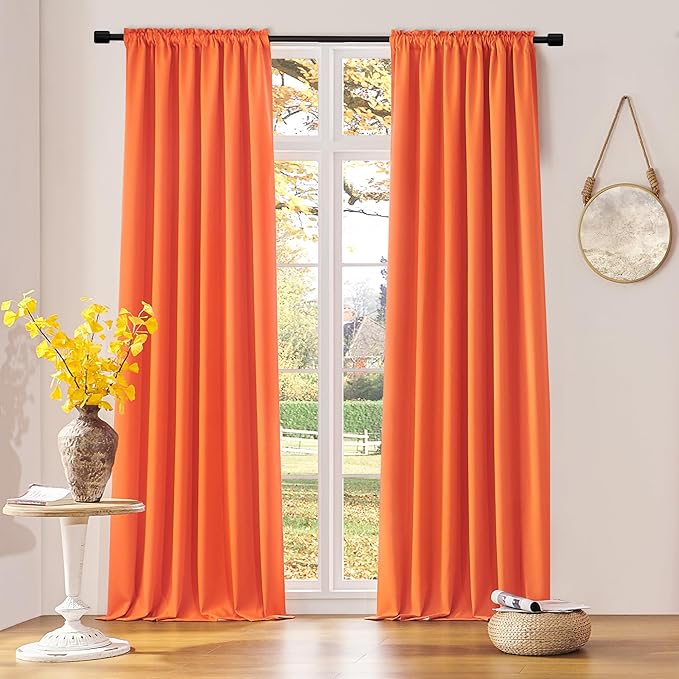 Light Filter Shading Effect Curtains Set for Windows,96 Inch Length Room Darkenging Energy Efficient Privacy Assured Window Treatment Curtains(Vibrant Orange,Pack of 2,52 inches W x 96 inches L)