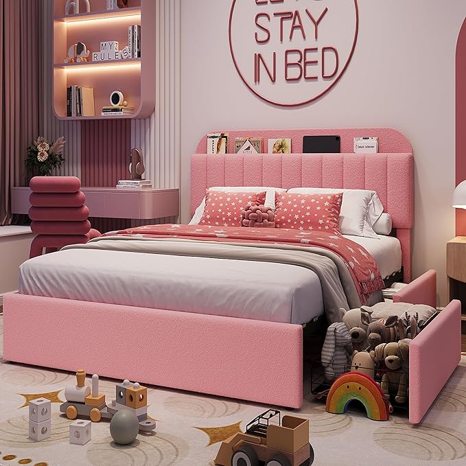 Jojoka Queen Bed Frame with Storage Headboard and 2 Drawers, Boucle Upholstered Platform Bed, Modern Girls Bed Frames for Rooms, No Box Spring Needed, Easy Assembly, Light Pink
