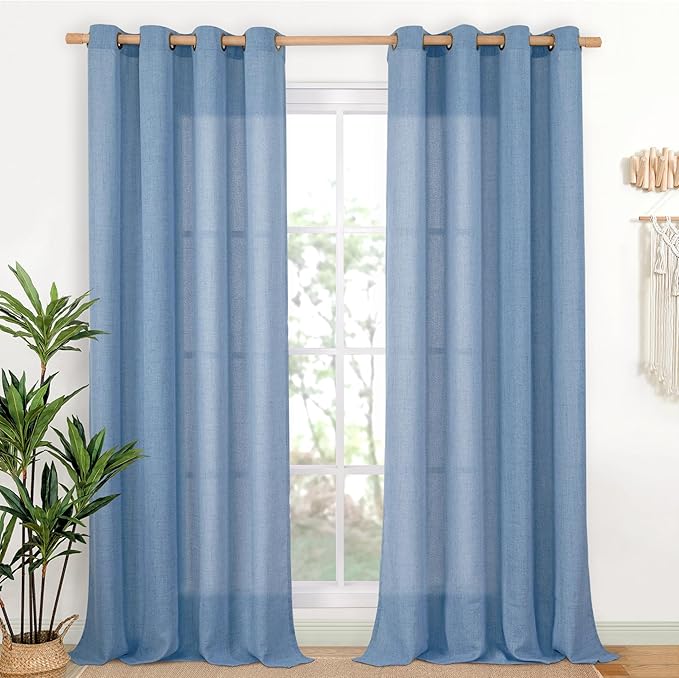 YoungsTex Denim Blue Linen Curtains 90 Inch Length for Living Room, Light Filtering Semi Sheer Window Drapes with Bronze Grommet Privacy for Office Bedroom, 52 x 90 Inch, 2 Panels