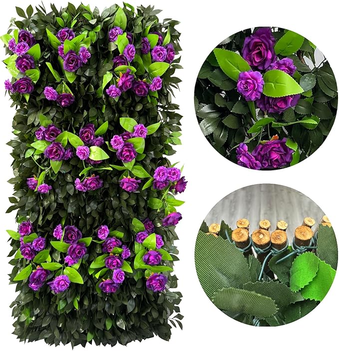 Sumery Expandable Fence Privacy Screen for Balcony Patio Outdoor,Decorative Faux Ivy Fencing Panel,Artificial Hedges (Single Sided Leaves) (4, Branches -Purple Rose)