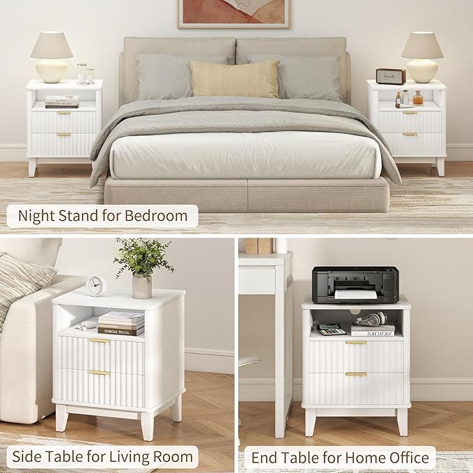 Night Stand Set of 2 with Charger Station, Fluted Nightstand with Drawers and Storage Shelf, Mid Century Modern Bedside Table Nightstands, Large Bed Side Table Wood Night Stands for Bedroom