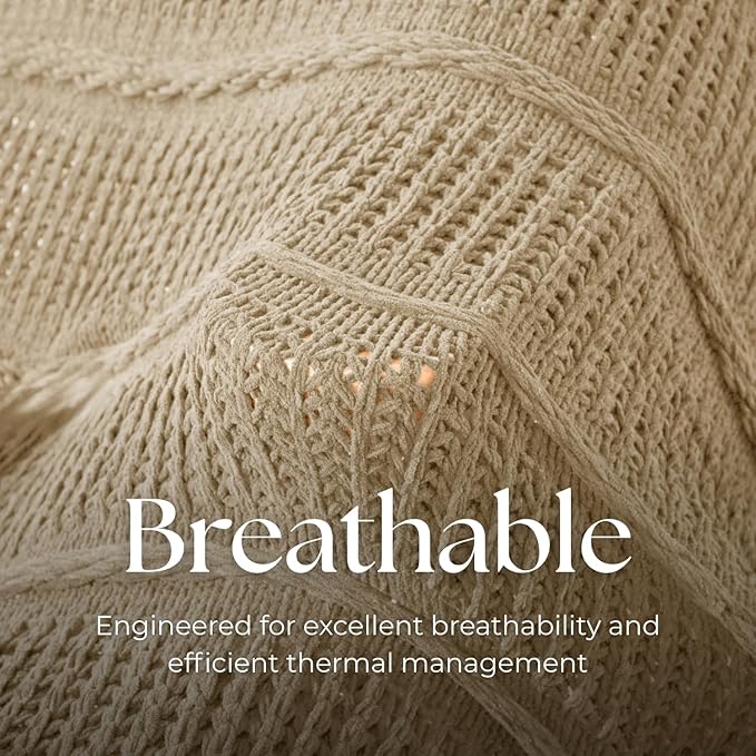 Boho Knitted Chenille Blanket with Tassels - Lightweight & Soft All-Season Throw - 3D Classic Pattern for Living Room Bedroom Couch, Sandy Beige, Twin 60"x80"
