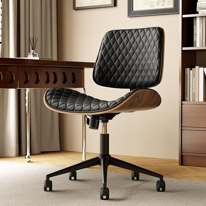 Home Office Desk Chair with Wheels, Armless Adjustable Height PU Leather Office Chair, Mid Back Ergonomic Computer Chair, Walnut Curved Seat Design No-Arm Chair (All-Black)