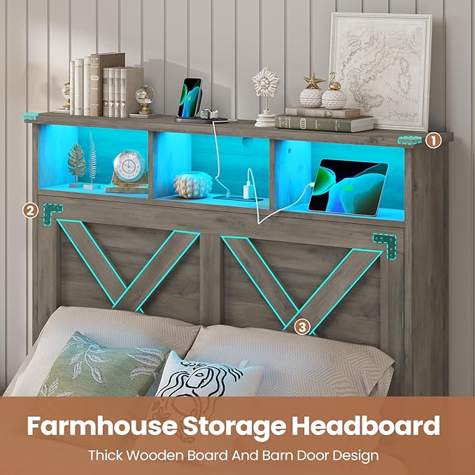 Hasuit Farmhouse Bed Frame Twin Size with Storage Headboard, Charging Station and LED Light, Wooden Twin Bed Frame with Storage Ottoman, Barn Door Design, No Box Spring Needed, No Noise (Oak Grey)
