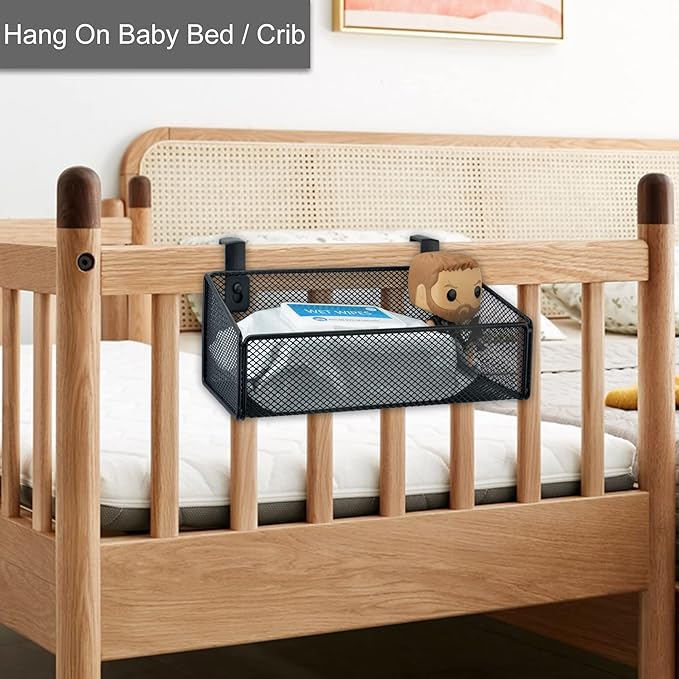 MATIMASU Bedside Caddy Hanging Storage Basket Beside Shelf Metal Organizer for Collage Dorm Bunk Bed,Hospital Bed,Baby Bed - Bedroom Essentials for Magazine,Remote Control,Phone,Drinks (White)